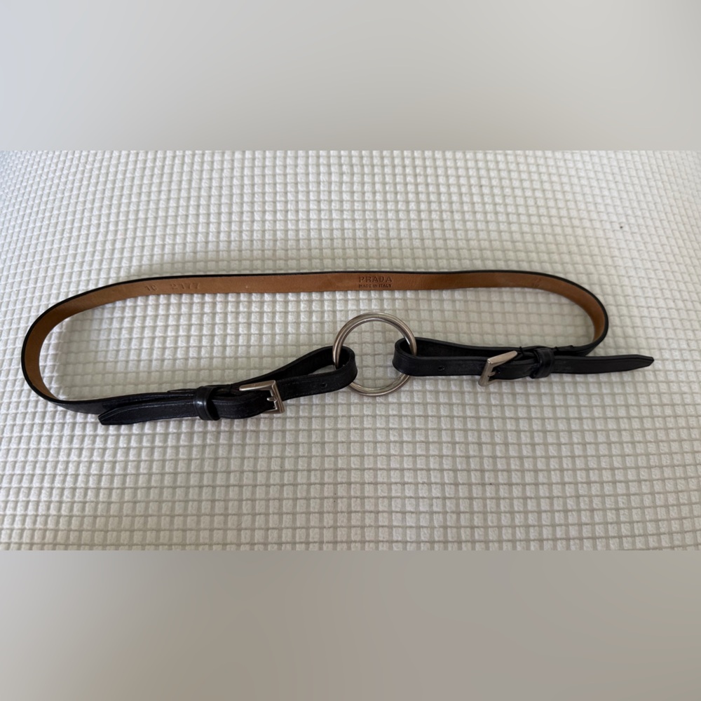 Prada Black Leather Double-Ring Waist Belt with Silver Hardware